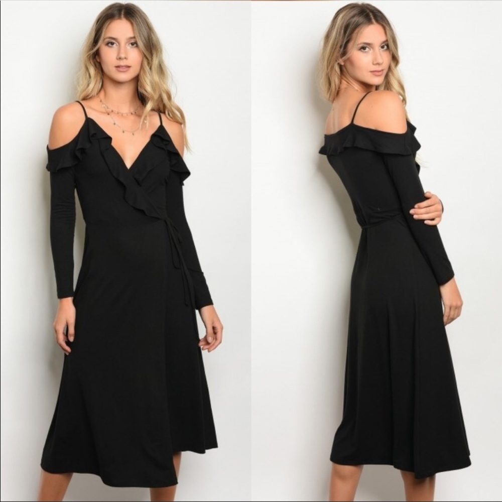 Black Cold Shoulder Wrap Dress